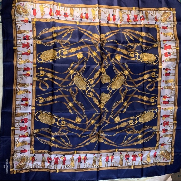 Paul France Navy and Gold Equestrian Print Scarf silk brandnew - Picture 1 of 9
